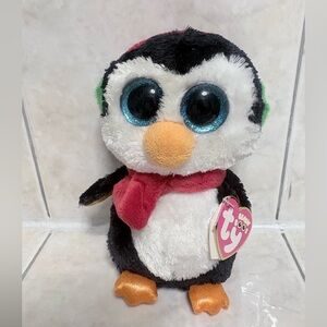 Ty Plush Penguin with Blue Eyes and Red Scarf North birthday January 4th